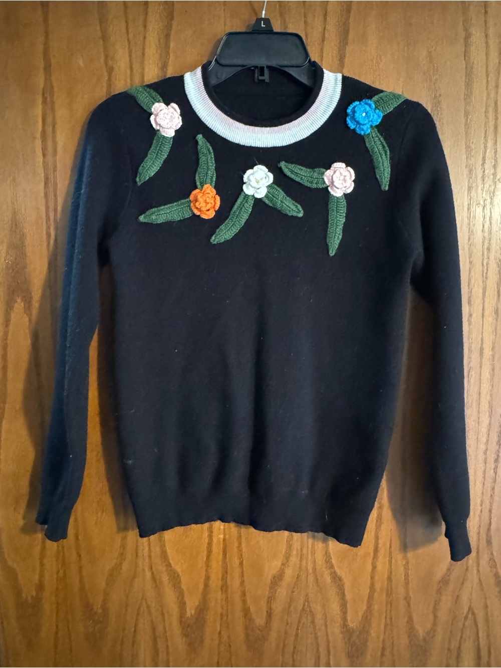 Black Crewneck Sweater with Floral Embroidery